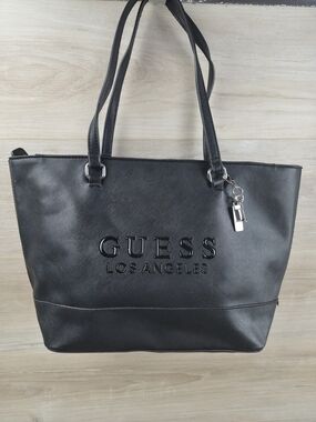 ​GUESS Los Angeles Black Saffiano Leather Tote Bag Hanging Charm Pocket